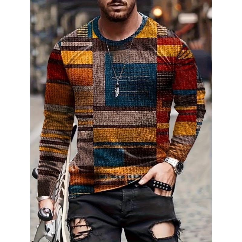 Men's Colorful Irregular Grid Pattern Round Neck Long Sleeved T-shirt