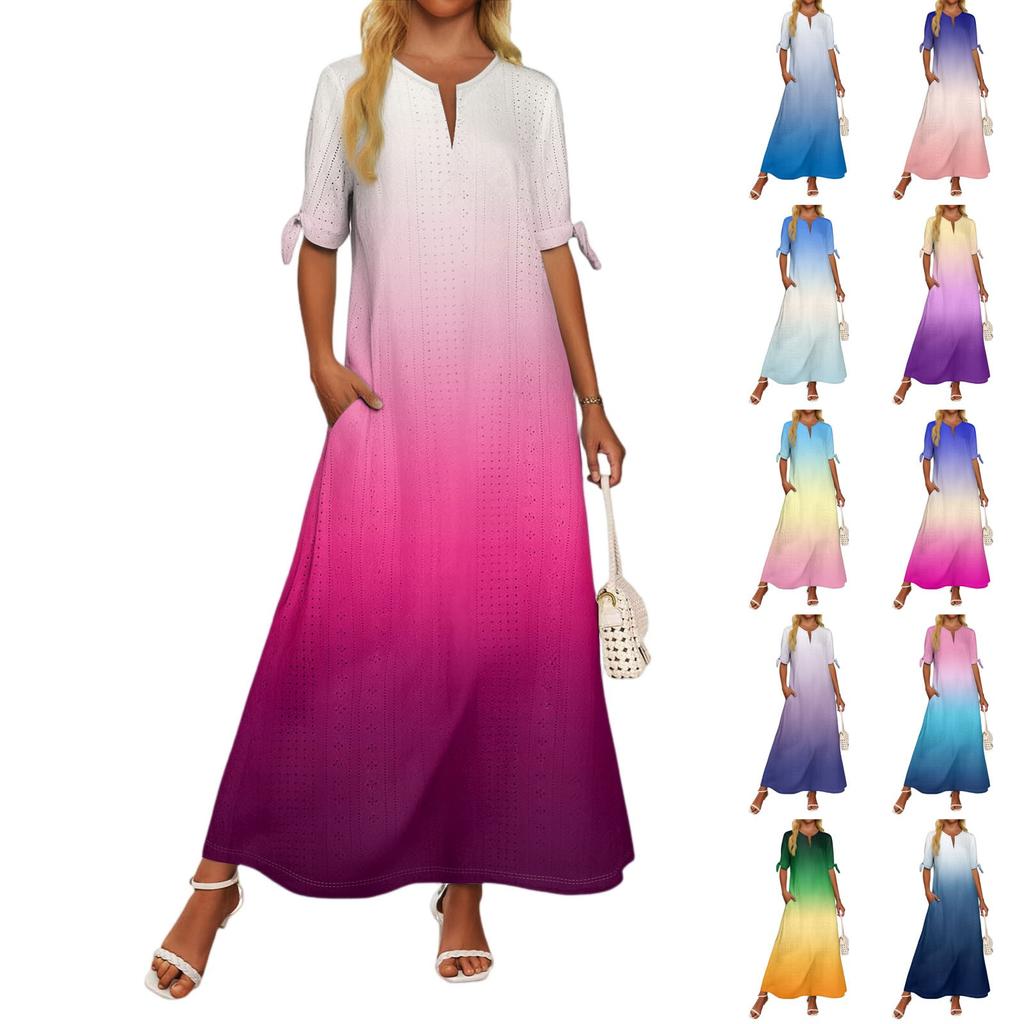 Ladies Casual Fashion Temperament Elegant Waist Gradient Color Print Long Dress
