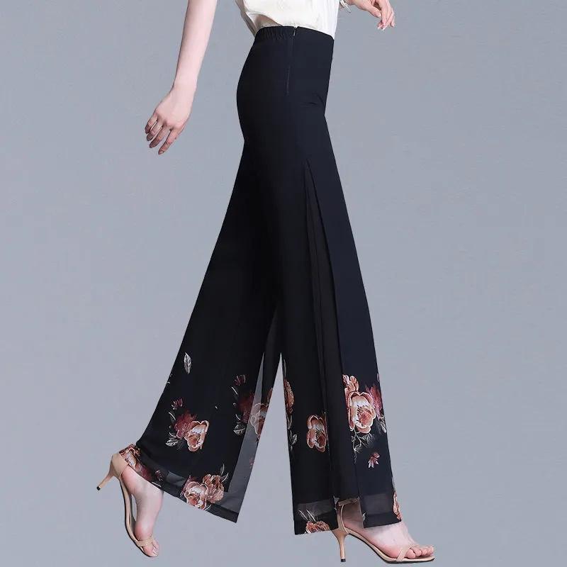 Double Layer Printed Chiffon Wide Leg Pants For Women's Summer New High Waisted Loose Dance Swing Pants Drooping Skirt Pants LA