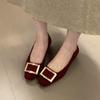 Metal square buckle shallow mouth single shoes women's 2025 autumn new thick heel low heel square head commuter Mary Jane shoes Doudou shoes