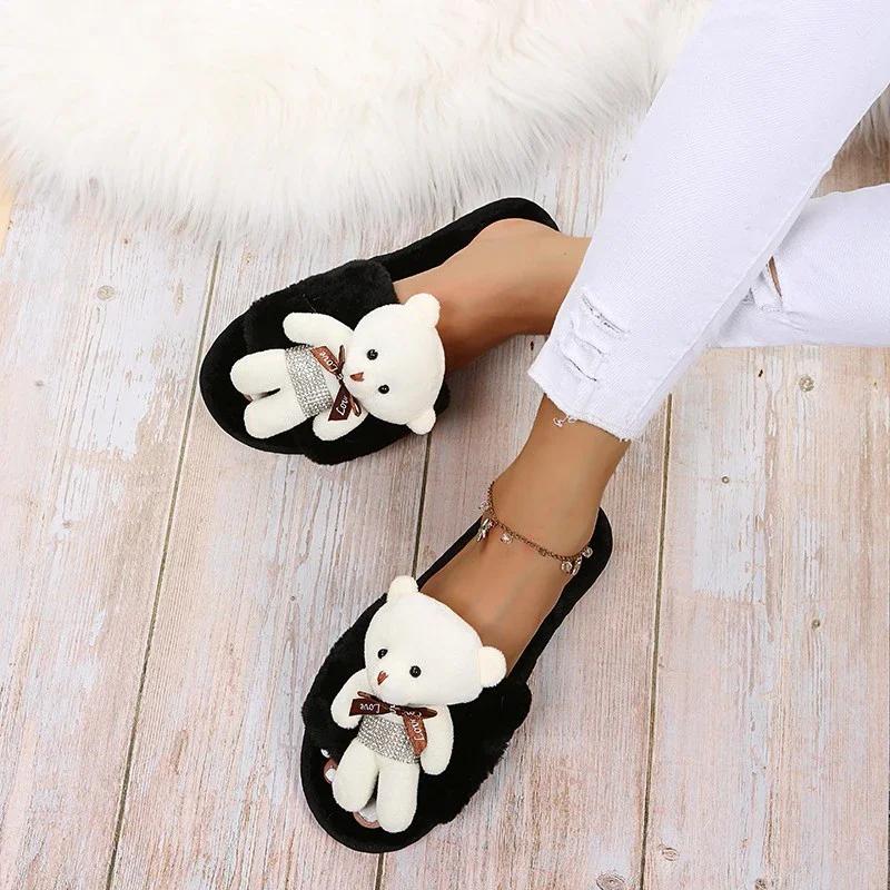 Fashion 2025 Fashion Women Winter House Furry Slippers Cute Bear Decoration Women's Slippers Soft Bottom Indoor Home Slides Mujer