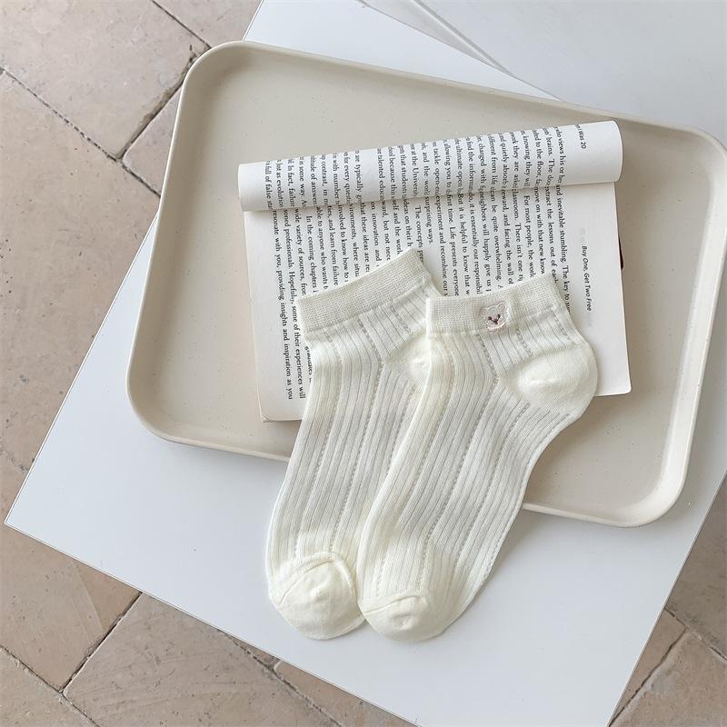 Cute Little Bear Embroidered White Sock Summer Lightweight Short Socks for Children, Breathable Mesh Summer Boat Socks