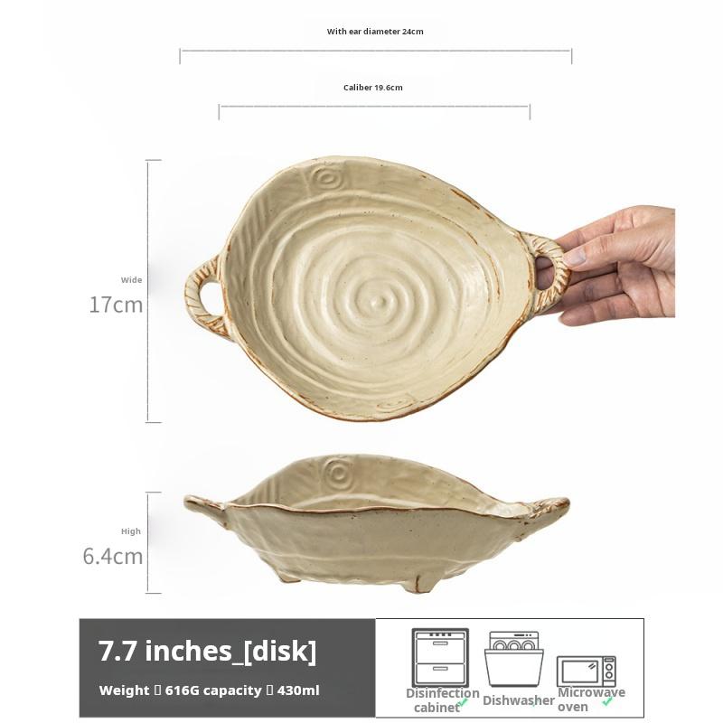 Coarse earthenware plate, Japanese retro ceramic double-ear plate, salad plate, household handcrafted fruit plate, salad bowl