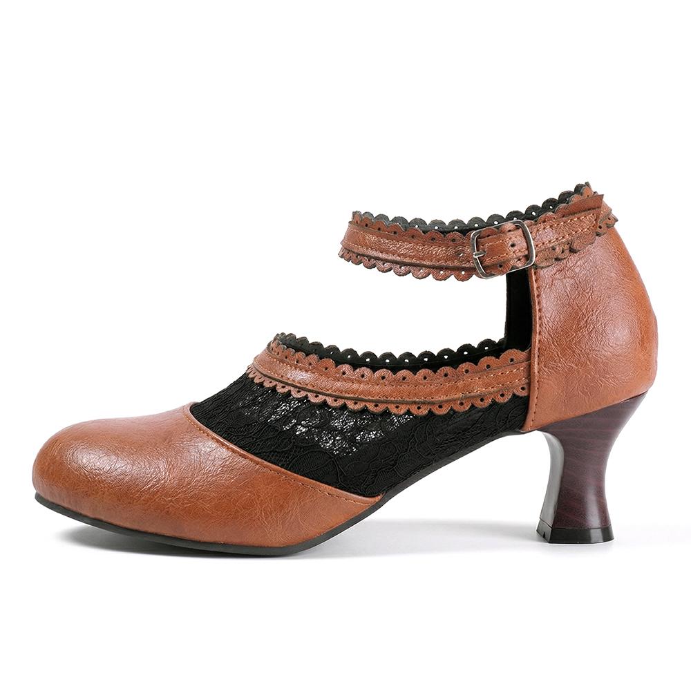 Dámské Mary Jane lodičky nadměrné velikosti, 6cm podpatek, krajkové lemování, PU boty