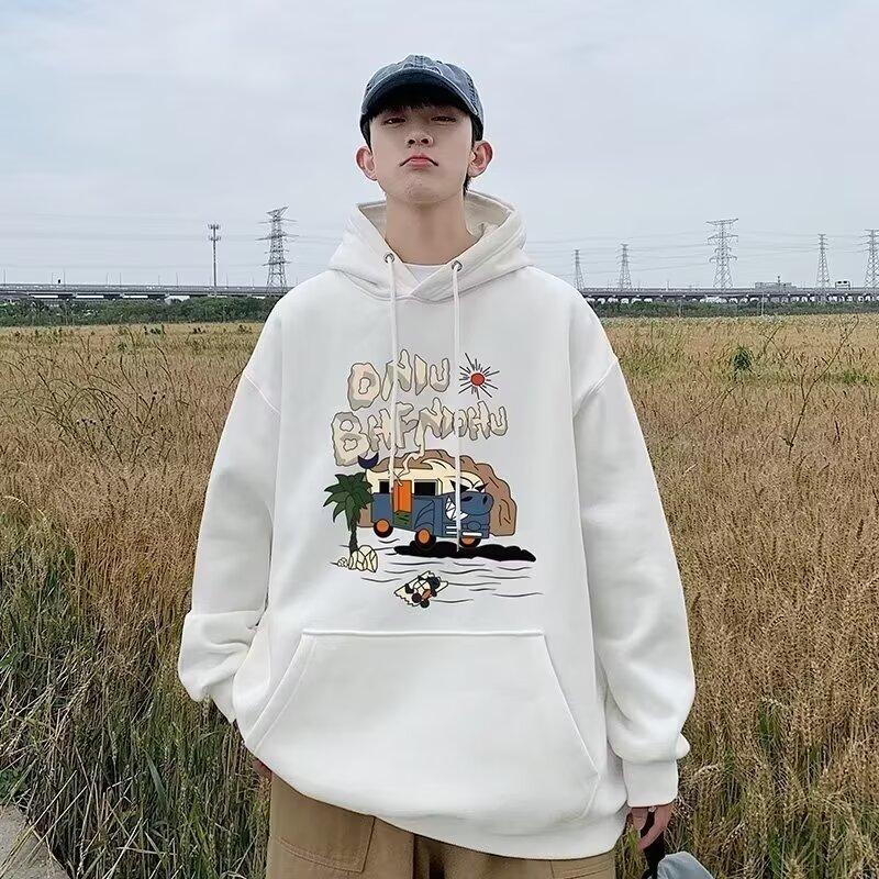 Herrtröja med huva, avslappnad, lös, trendig topp, tryckt med bokstäver, allmatchande jacka