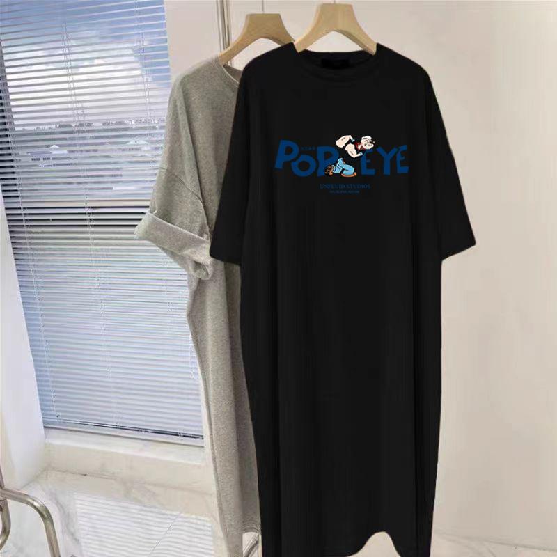 Średnia i Długa Czarna Bawełniana Sukienka z Krótkim Rękawem do Kolan dla Kobiet Letnia Najnowszy Zagraniczny Styl Wygodny Krój Spódnica T-shirt z Rozcięciami