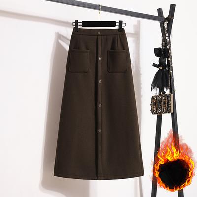 Womens Suit Woolen Skirt for Women In Winter Plus Velvet Plus Velvet Large Size Fat Mm Slimming and Age-reducing A-line Slit Straight Long Skirt