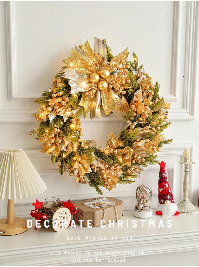 50CM Christmas Wreath with Bow and Vine Ornaments for Door Decoration