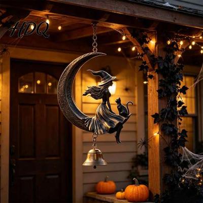 Durable Weather Resistant Bells Halloween Witch And Black Cat Moon Wind Chime Vintage On Crescent Mysterious Yard Accents Hanging Bell Gothic