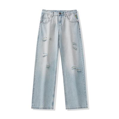 New Spring and Summer Light Blue Ripped Jeans for Men's High Street Niche Wide-leg Trousers