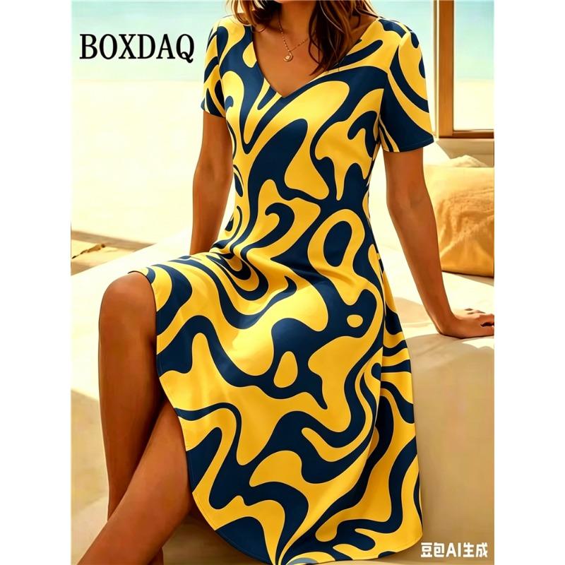 New Women's Short Sleeve V Neck Dress Casual Abstract Painting Pattern Home Dress Summer Fashion Plus Size A Line Dress