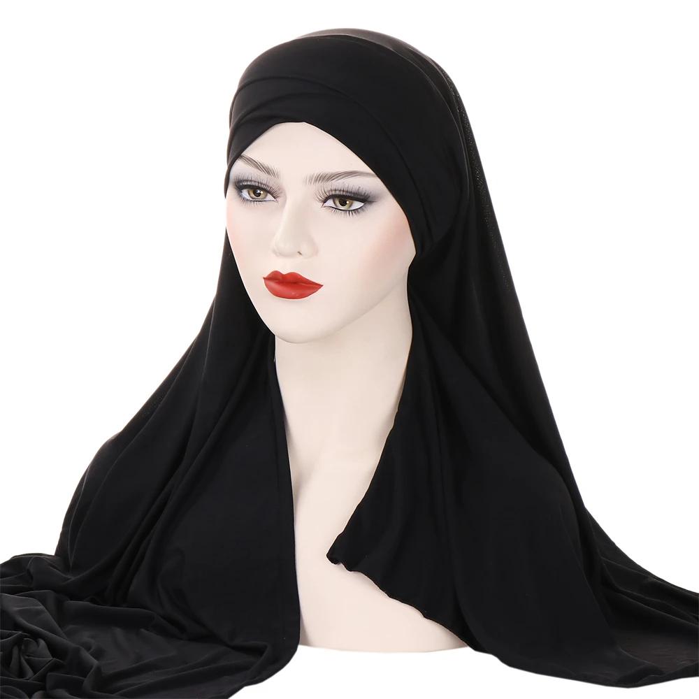 Muslim Women Long Scarf Pull On Ready Wear Instant Hijab Chemo Cap One Piece Amira Head Wrap Turban Femme Shawl Bandanas Scarves