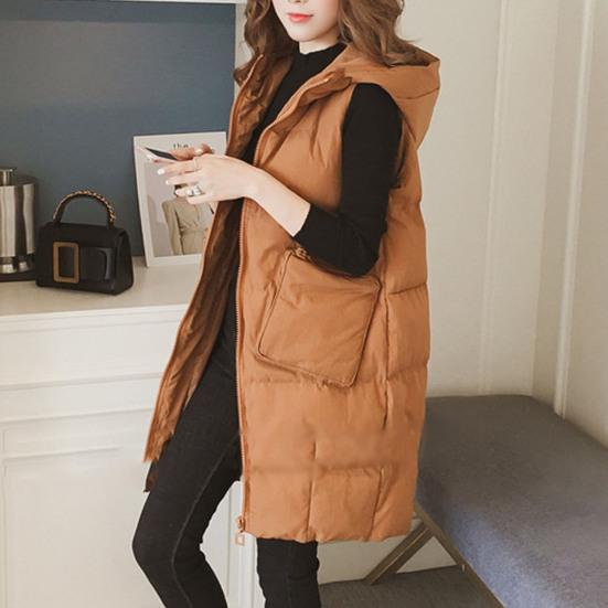 Dámská péřová vesta se stojáčkem, silný dlouhý kabát bez rukávů s kapucí, prošívaná puffer bunda na zip