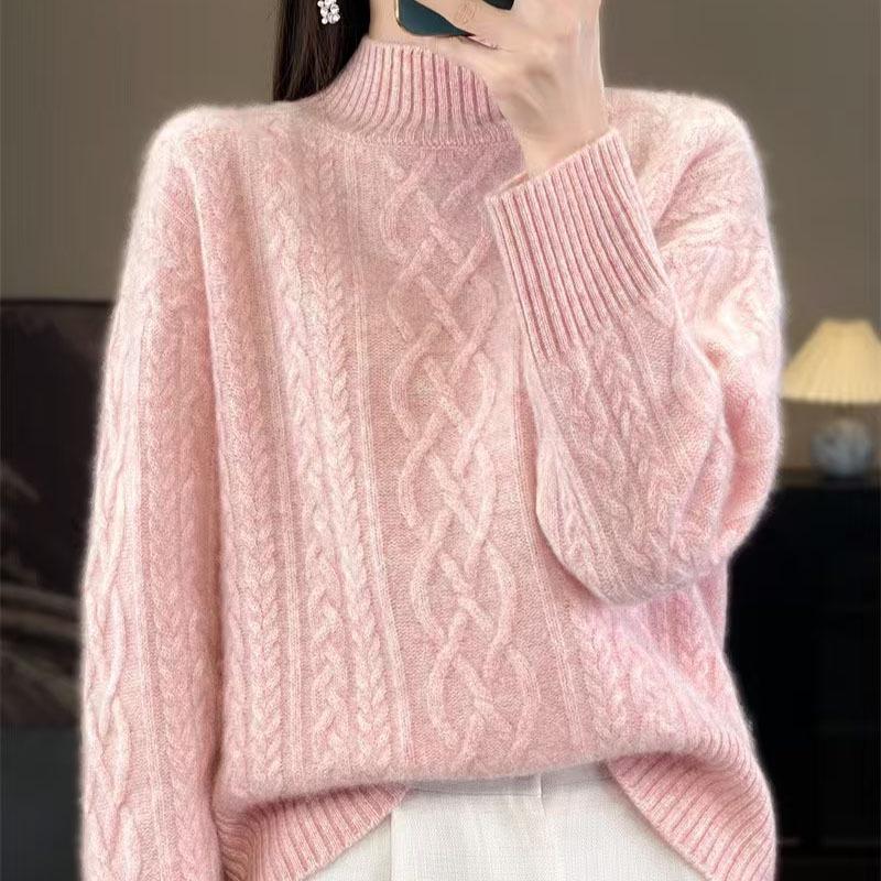 2024 Winter Women's Wool Knit Sweater - Twisted Flower, Half-High Neck, Thick & Loose Fit