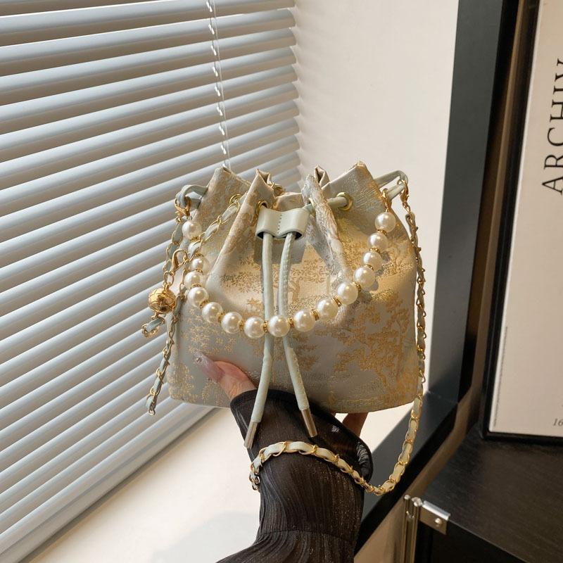 

Новая вышитая универсальная сумка-ведро в китайском стиле, женская антикварная сумка-мессенджер в стиле Ханфу с цепочкой и жемчугом, персонализированная повседневная синий