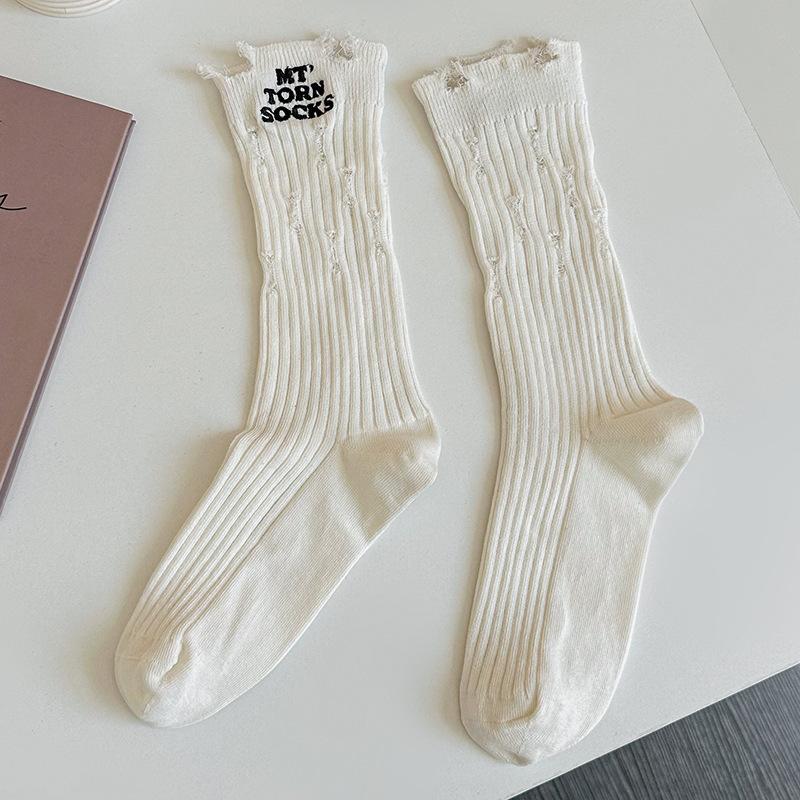 Hole Embroidered Socks Style Street Trend Fashion Hole Socks Beggar Socks Pure Cotton Medium Tube Socks
