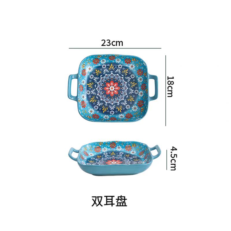 Hand-painted Bohemian Ceramic Baking Dish Square with Handles For Pasta and Desserts Suitable for Oven and Microwave.