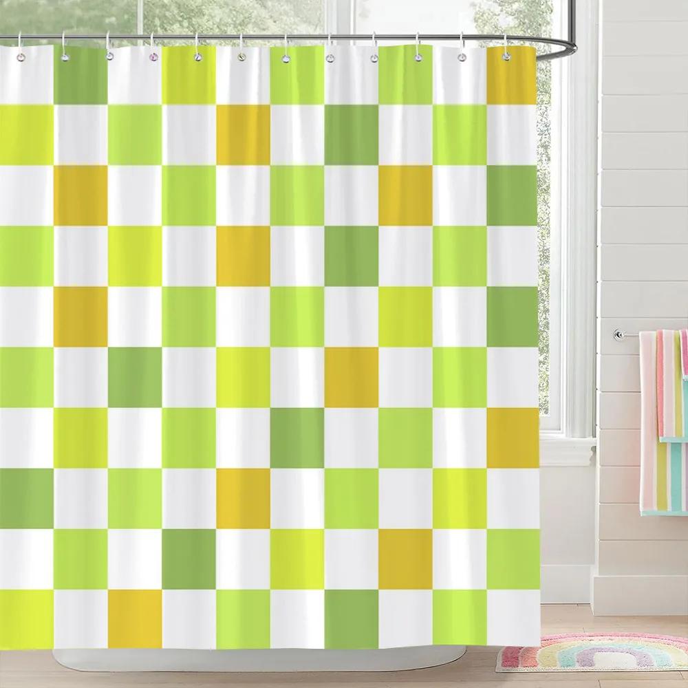 Square and Abstract Line Shower Curtain Geometric Patterns Simple Modern Polyester Fabric Bath Curtain with Hooks Bathroom Decor