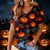 Women's V-Neck Halloween Print Lightweight Blouse for Spring and Summer Casual Wear