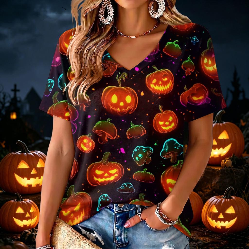 Women's V-Neck Halloween Print Lightweight Blouse for Spring and Summer Casual Wear