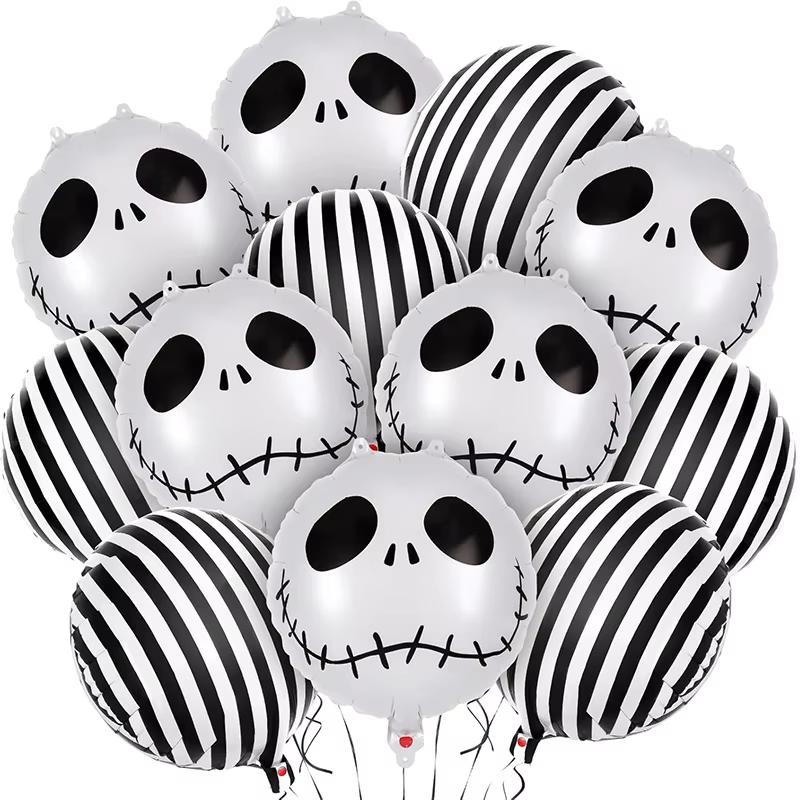 

12 pcs 18 inch Halloween Skull Black and White Striped foil Balloons Halloween Dead Ball Party Decoration Balloon Set O&18inch