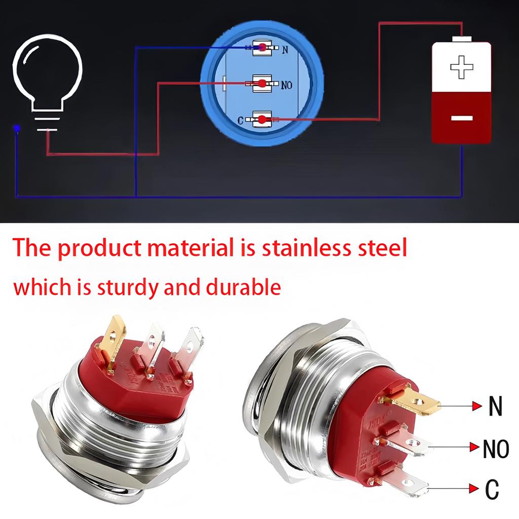 22mm Metal Button Rocker Switch Stainless Steel 12V 20A Self-locking Two Positions Car Toggle Switches ON-OFF 220V 15A 3 Pins