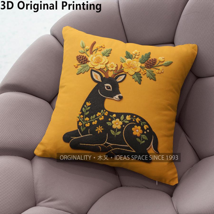 Embroidery Style Deer & Floral Throw Pillow Covers Pattern Cushion Cover Suitable For Sofa Bedroom Car Pillow Cover