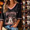 Damen Lässiges Halloween-Print V-Ausschnitt Dreiviertelarm Oberteil für Herbstparty