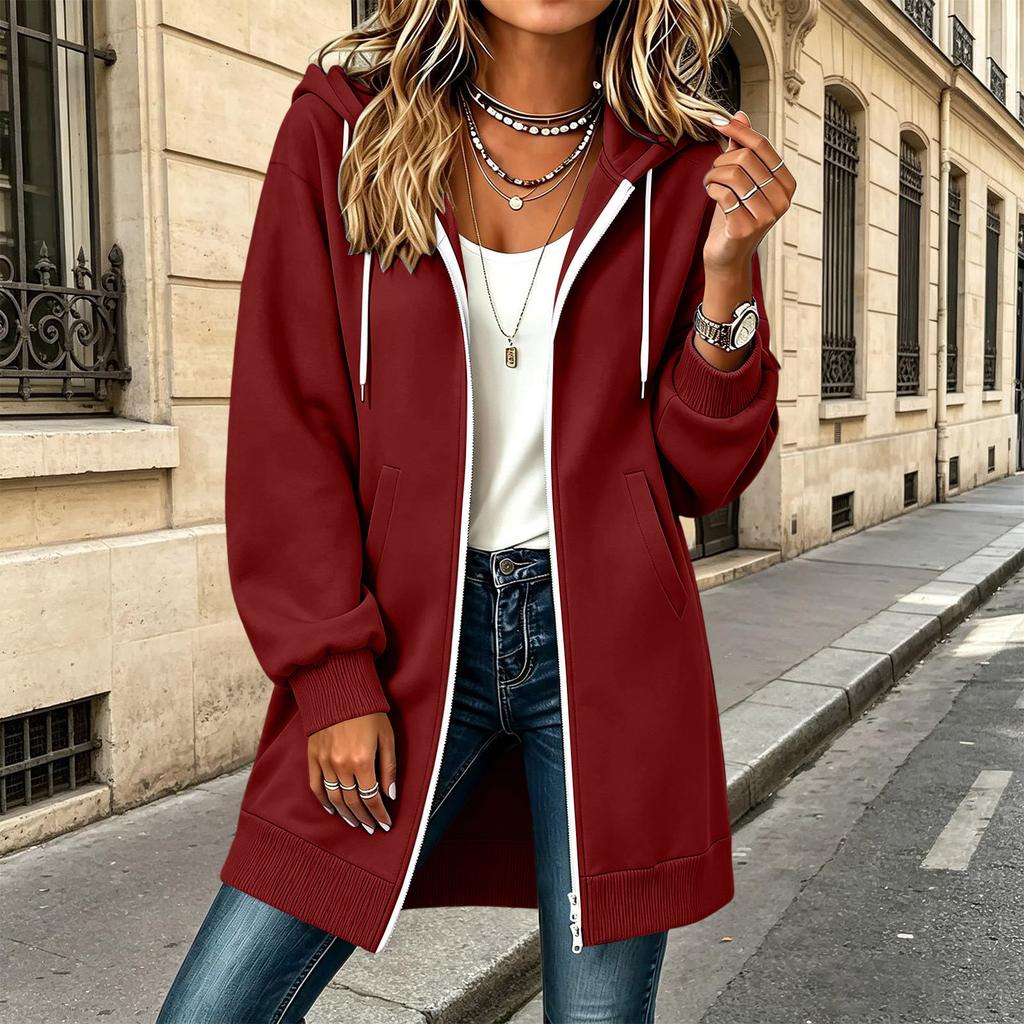 Chaqueta Larga con Capucha y Doble Cremallera para Mujer con Mangas Largas y Bolsillos
