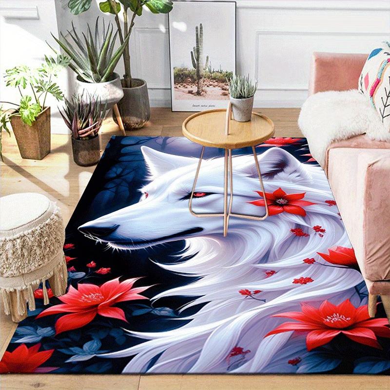 1pc White Wolf and Red Flower Print Design Area Rug - Soft, Anti-Slip, and Durable Gaming Room Decor for Bedroom
