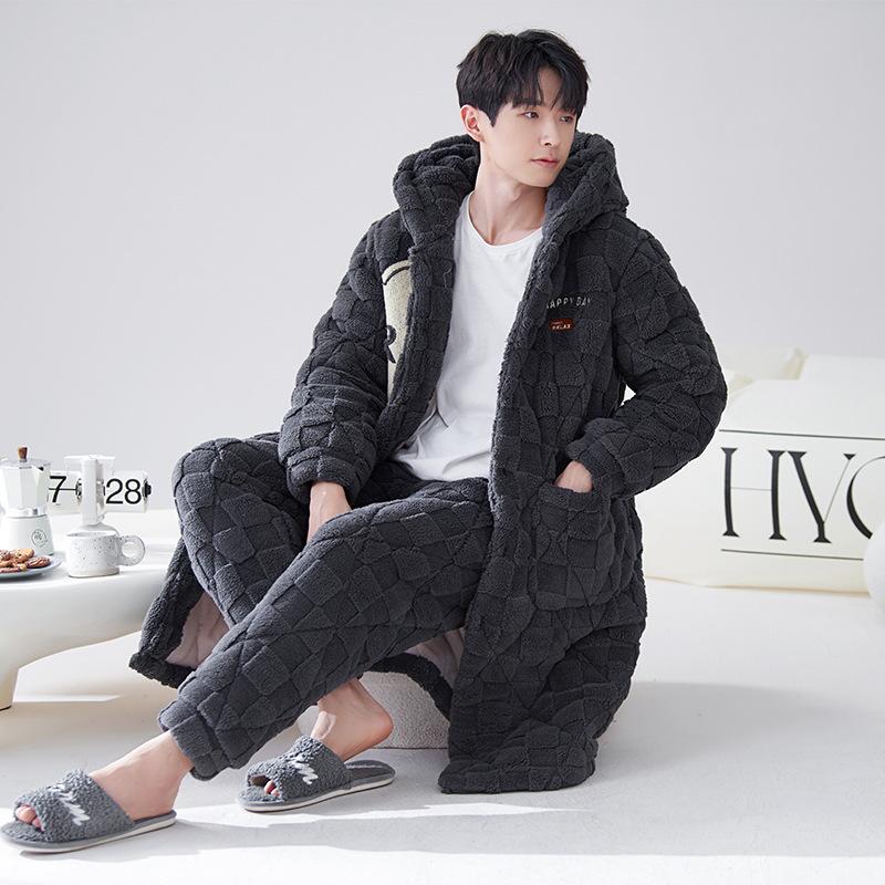 2024 Men's Quilted Winter Hooded Pajama Bathrobe - Warm, Thick Coral Fleece Outerwear
