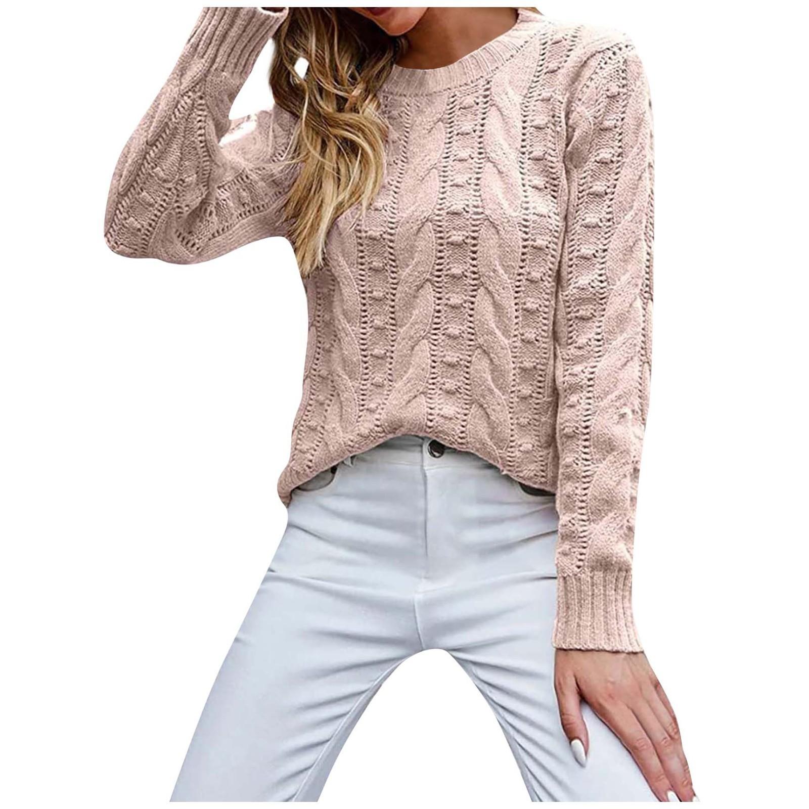 Женский однотонный пуловер с длинным рукавом и круглым вырезом — фото 4