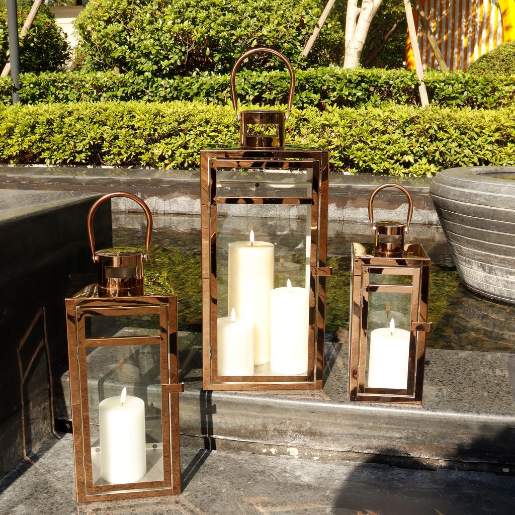 Set of 3 Rose Gold Metal Iron Glass Candle Holders Metal Wind Proof Candle Lanterns for Wedding Decor