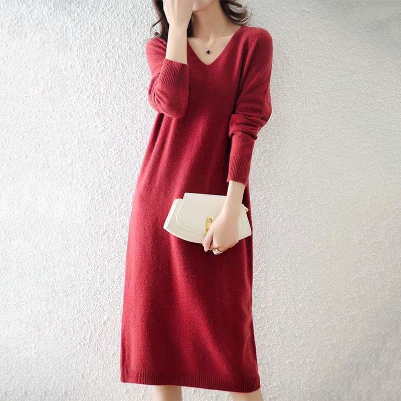 

Women s Lightly Mature Loose V-neck Knitted Wool Over-the-Knee Dress Large