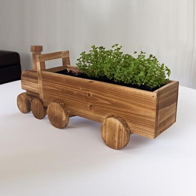 Train Flower Pot Wooden Vintage Bonsai Planter Home Garden Decor Rustic Plant Pot with Drainage Hole for Patio Balcony