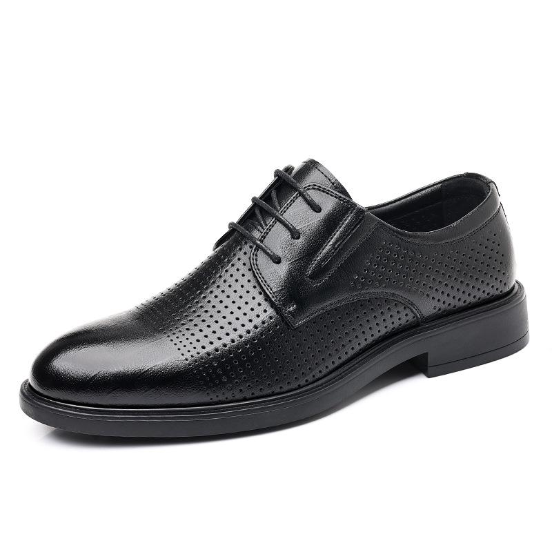 Leather shoes men's 2025 new summer breathable hollow hole business leisure inner height increase lace-up men's shoes