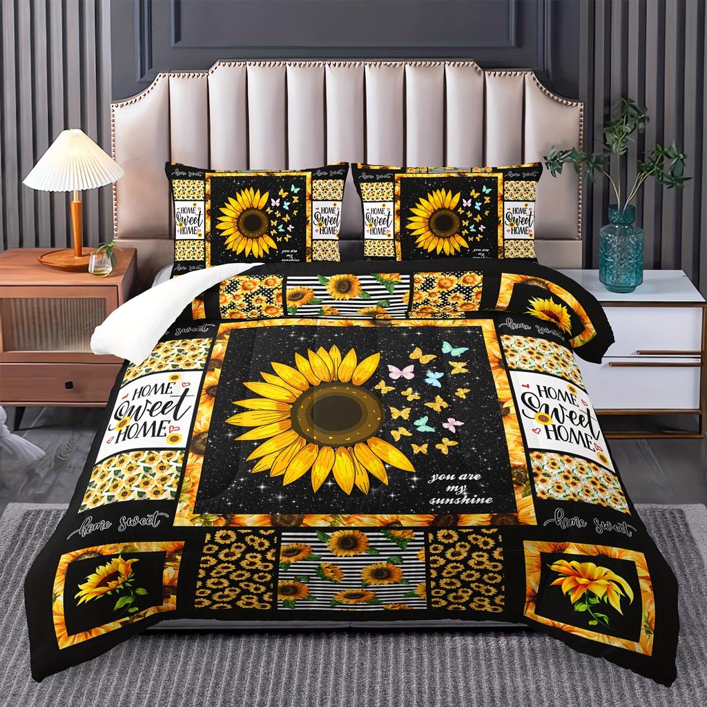 Yellow 3pc Sunflower Bedding Sets Quilt Sunflower Comforter Set Yellow Bedding Sets Western Bed Comforter Set Boho Comforter Set