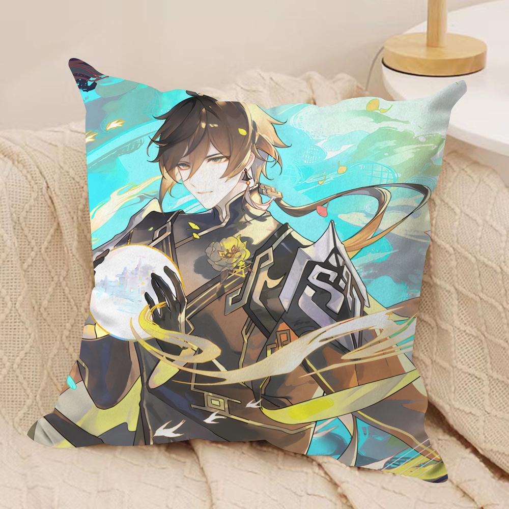 Zhongli Genshin Impact Cushion Cover Silky Short Plush Invisible Zipper Dustproof Sofa Pillow Case For Home Decor