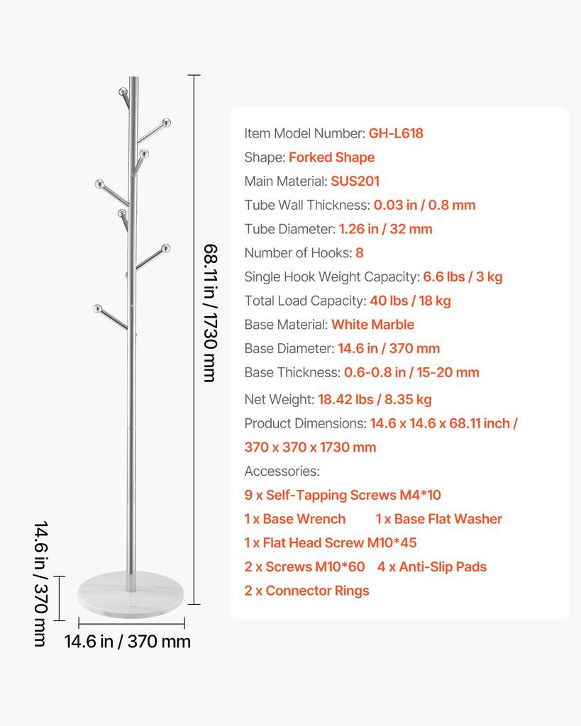 VEVOR Coat Rack, Freestanding Coats Rack Stand with Stable Marble Base & 8 Hooks, Free Standing Hall Coat Tree for Entryway, Bedroom, Office