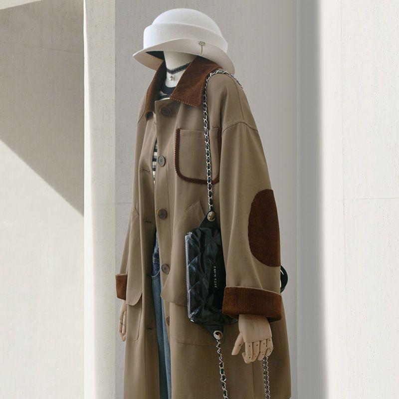 

4u4u Dark Khaki Trench coat Women Autumn New Korean Series Corduroy Patchwork Design Loose Single Breasted Outerwear Deep khaki S