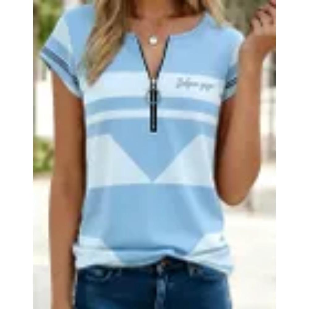 Women's Polo Shirt with Fashionable Zipper and Geometric Design, Suitable for Daily Casual Wear