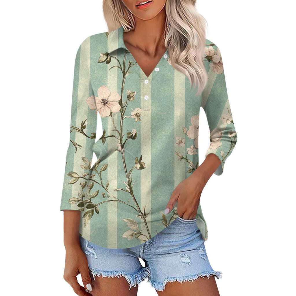 Women's Fashion Casual Button-up Seven-quarter Sleeve Floral Print Lapel Top