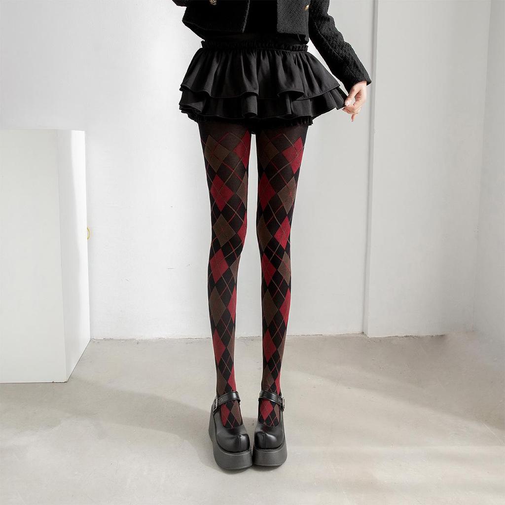 Rautenmuster Retro Schlankmachende Leggings, Tintengrün & Rot Oberschenkelhohe Damenstrümpfe