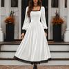 Women's Color Square Neck Long Sleeve Lace Patchwork Evening Dress for Party and Formal Events