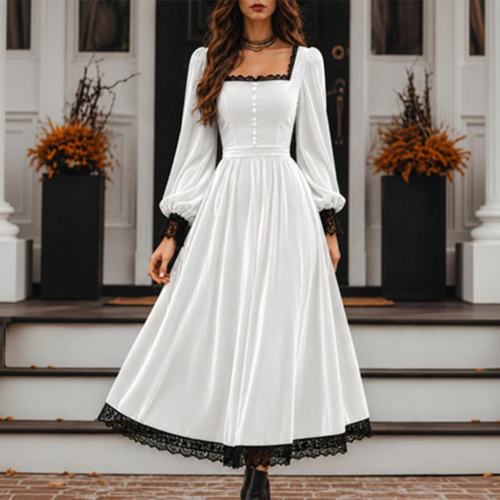 Women's Color Square Neck Long Sleeve Lace Patchwork Evening Dress for Party and Formal Events