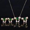 Women Emerald Bow Jewelry Set European Luxury Open Ring Pendant Earrings Necklace with High Carbon Diamonds