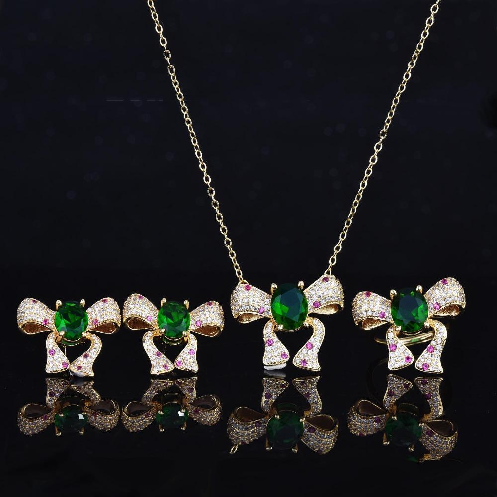 Women Emerald Bow Jewelry Set European Luxury Open Ring Pendant Earrings Necklace with High Carbon Diamonds