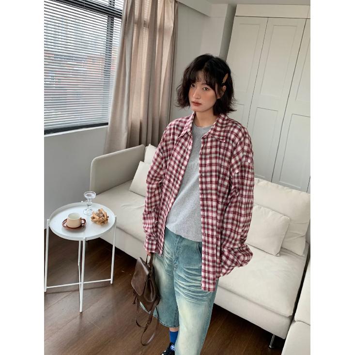 American Retro Color Contrast Patchwork Plaid Long-Sleeved Shirt Men's and Women's Spring/Summer New Sunscreen Loose Casual Shirt Coat