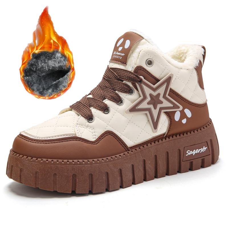 34-42 зимние женские большие размеры простые и модные толстые высокие плюшевые хлопковые сапоги теплая спортивная обувь женская обувь 34 бежевый/хаки