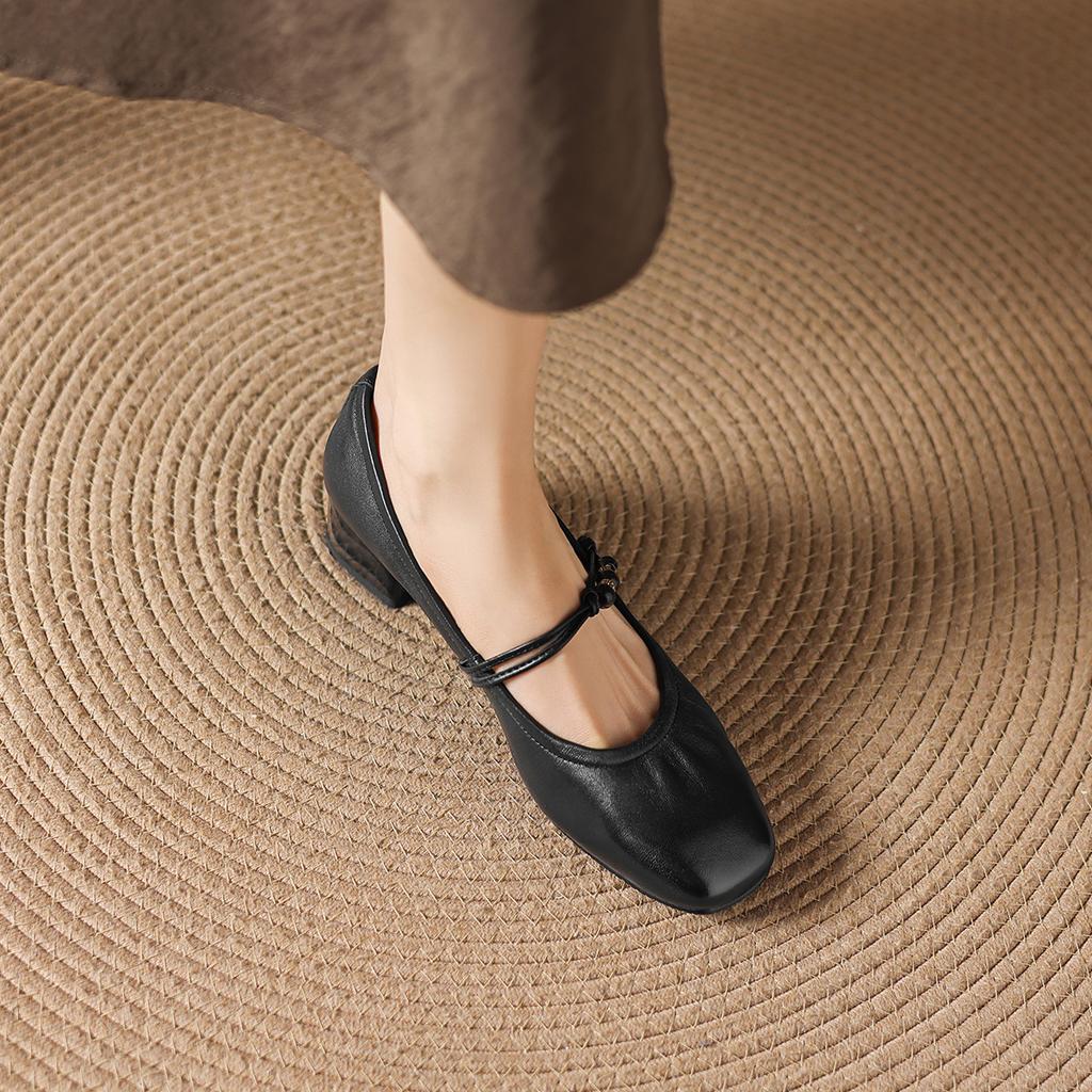 Sheepskin Square Head Coarse Heel Strap Mary Jane Shoes